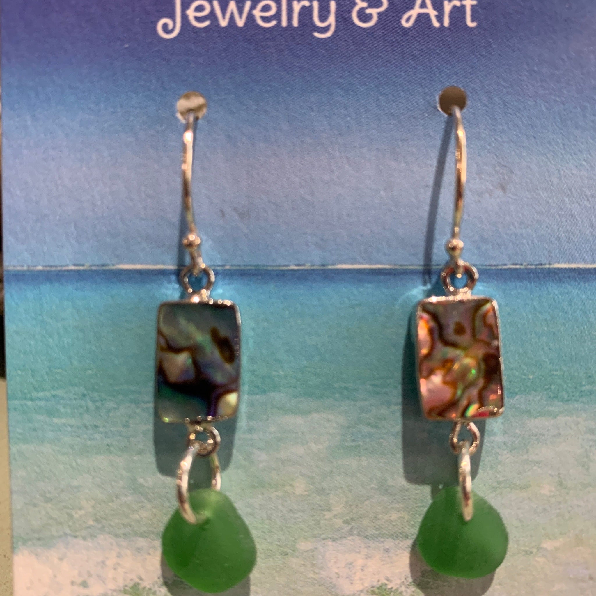 Rectangle Abalone and Green Beach Glass Earrings