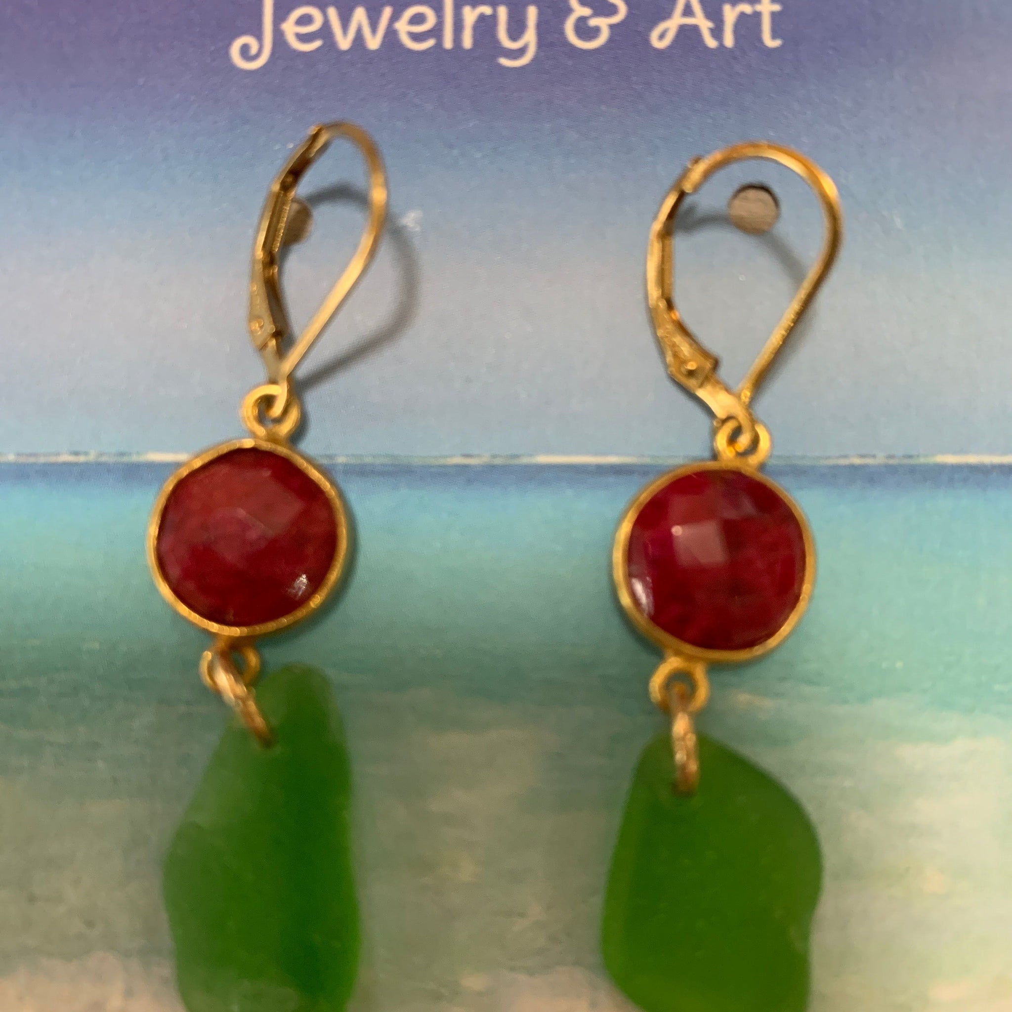 Gemstone Beach Glass Earrings with Red Sea Glass Drop