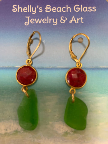 Gemstone Beach Glass Earrings with Red Sea Glass Drop