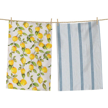 Tea Towels - Lemon and Blue Grain Sack Stripe