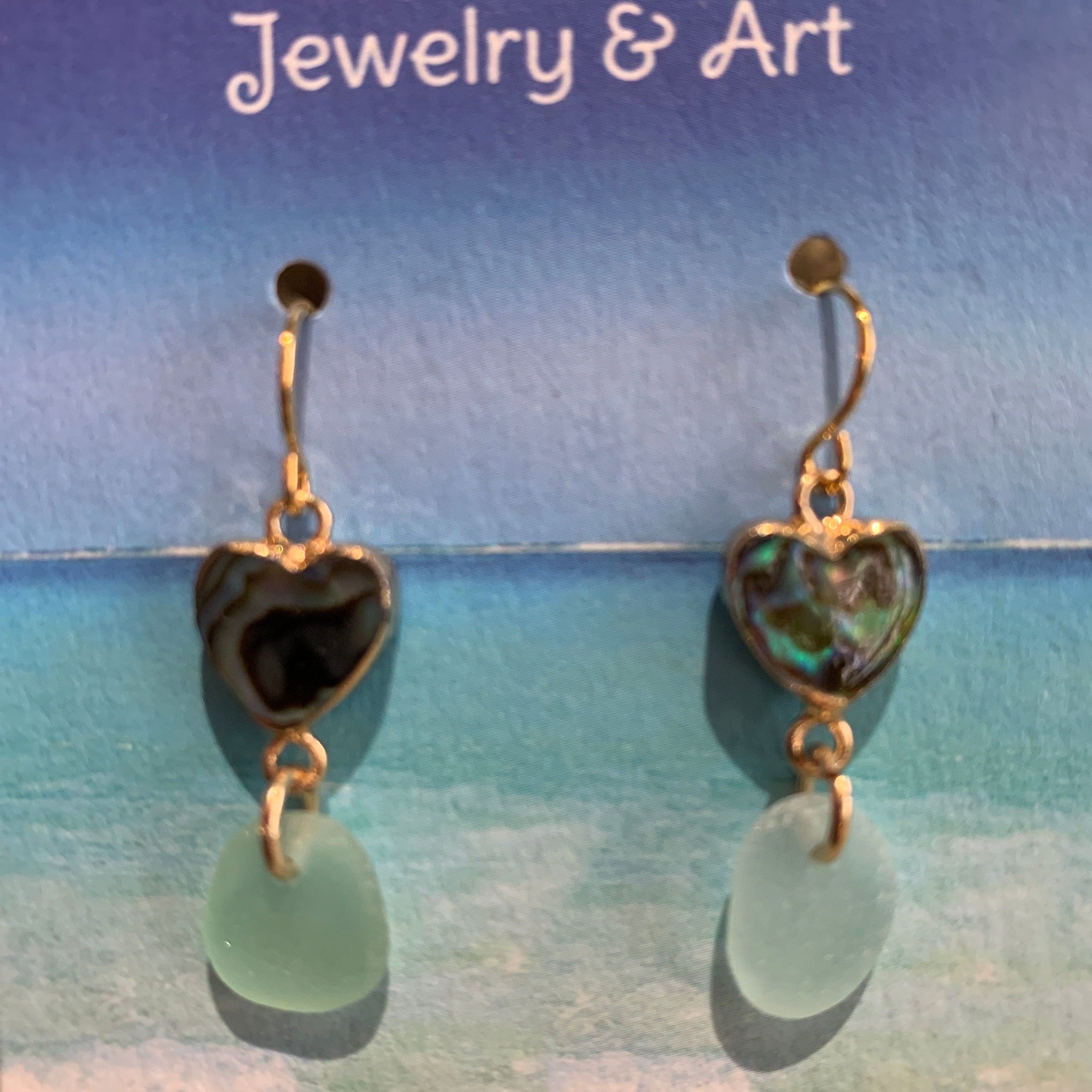 Heart Abalone and Beach Glass Earrings