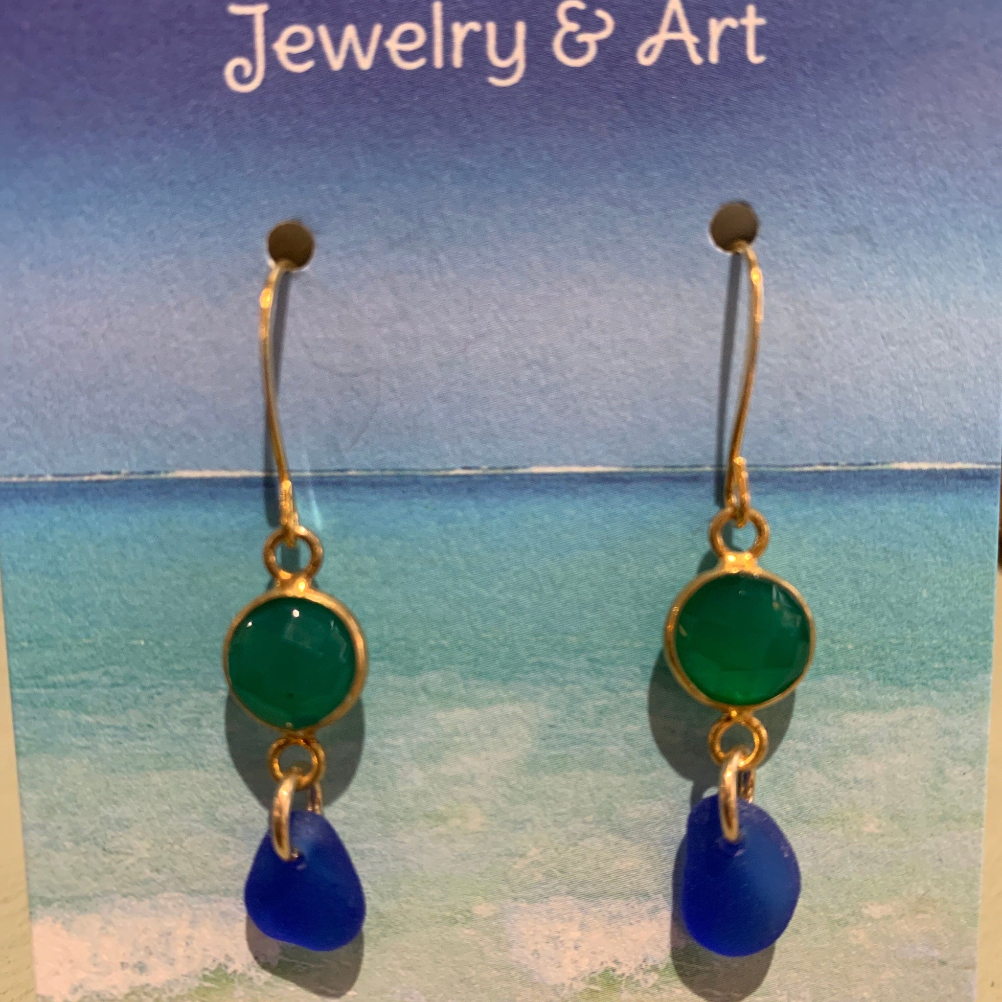 Gemstone Beach Glass Earrings with Blue Sea Glass Drop